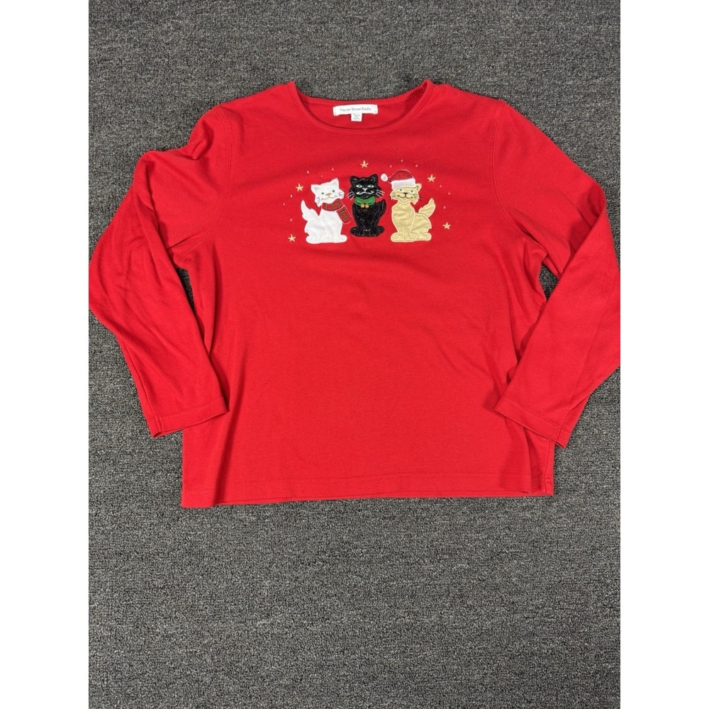 Mercer Street Studio Red Holiday Women's Top Size PXL Featuring Cats Christmas